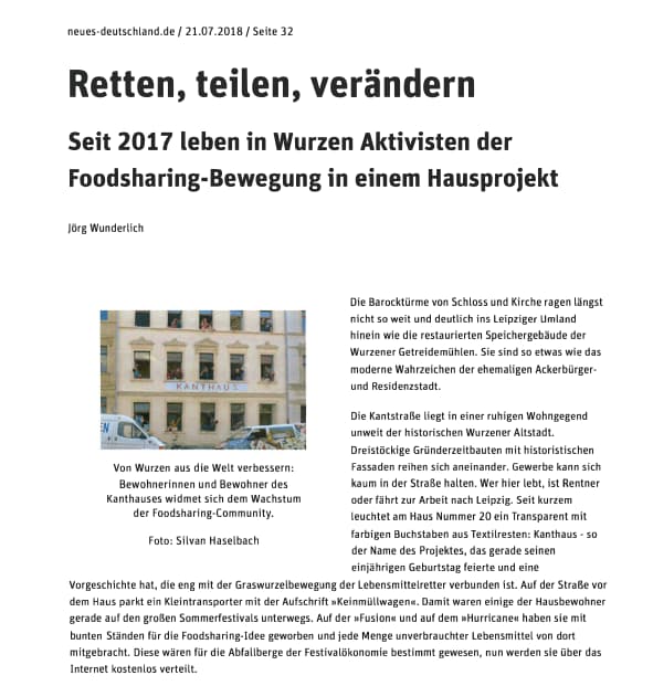 Article in Neues Deutschland about Kanthaus